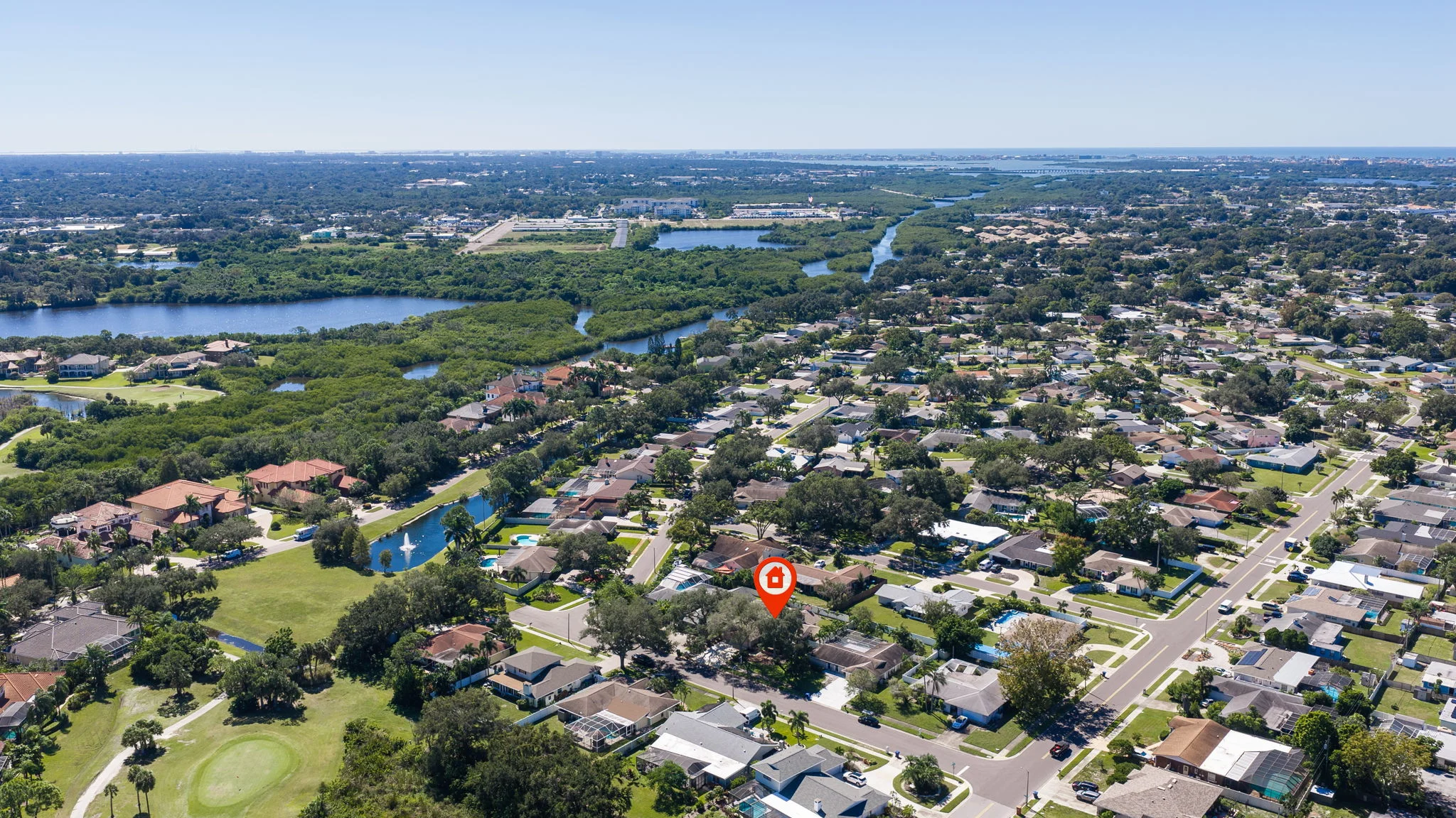 Aerial view of the residential Seminole neighborhood surrounding Harwood Road