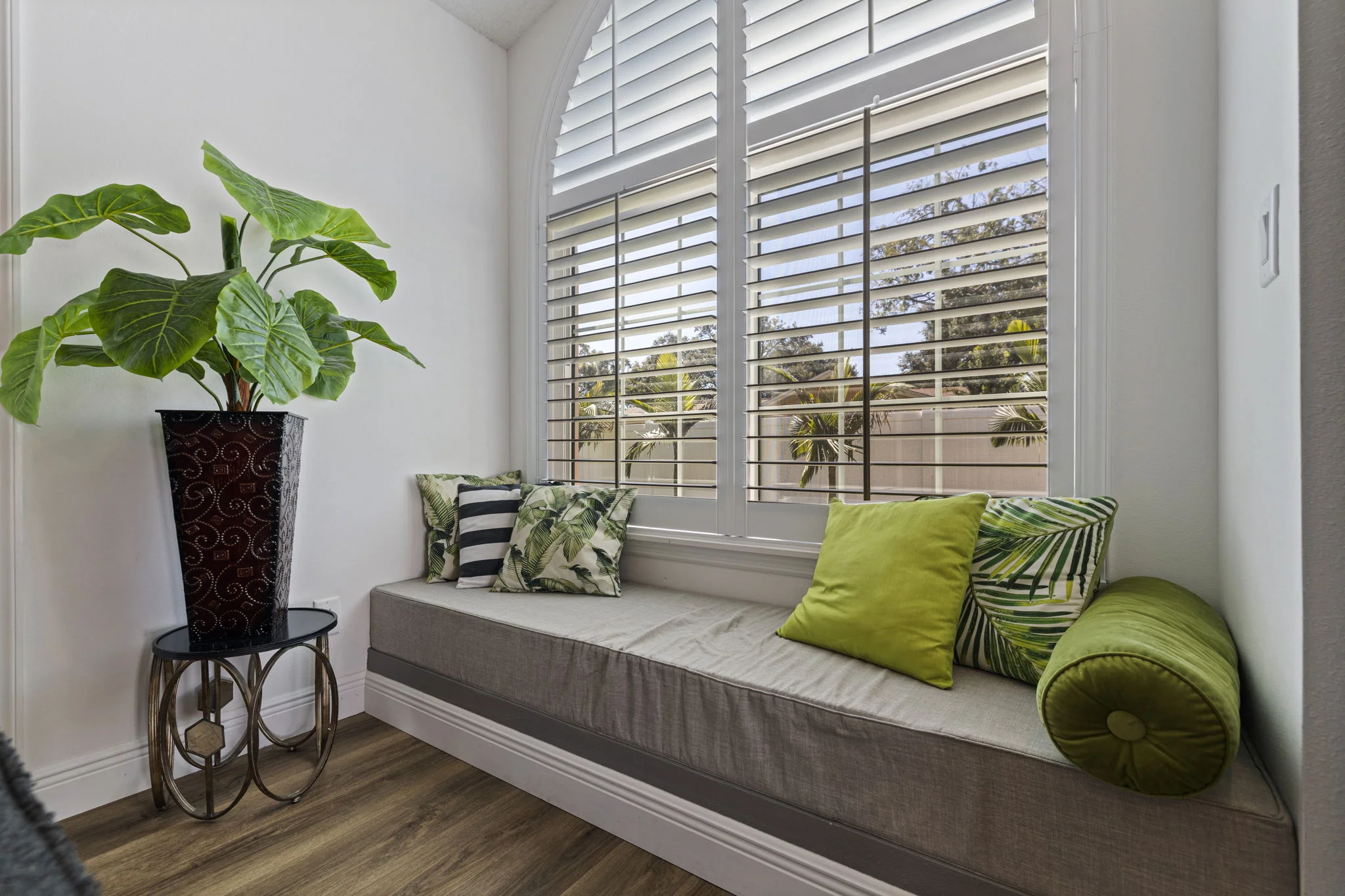A window seat overlooking the garden